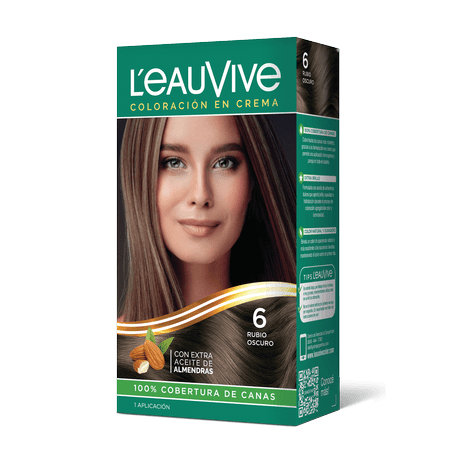 Kit de Coloración L’eau Vive# brinda brillo y color duradero a tu pelo, gracias a su fórmula con aceite de almendras dulces, presente en la coloración y el enjuague acondicionador PH ácido.