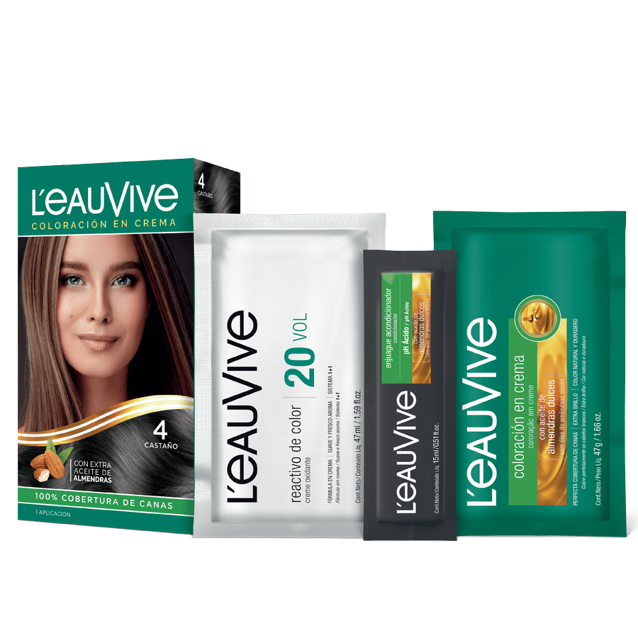 El kit de coloración L'eau Vive contiene:# Coloración permanente en crema, Activador de color en crema de 20 volúmenes, Enjuague acondicionador post-color de PH ácido, Guante.