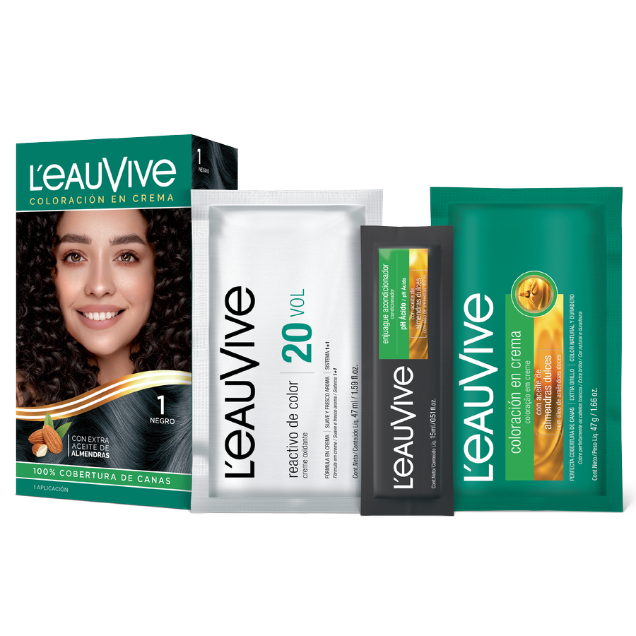 El kit de coloración L'eau Vive contiene:# Coloración permanente en crema, Activador de color en crema de 20 volúmenes, Enjuague acondicionador post-color de PH ácido, Guante.