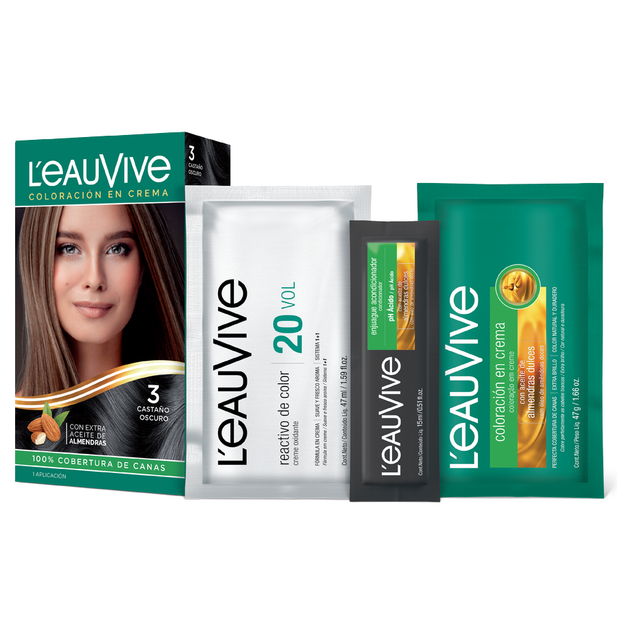 El kit de coloración L'eau Vive contiene:# Coloración permanente en crema, Activador de color en crema de 20 volúmenes, Enjuague acondicionador post-color de PH ácido, Guante.