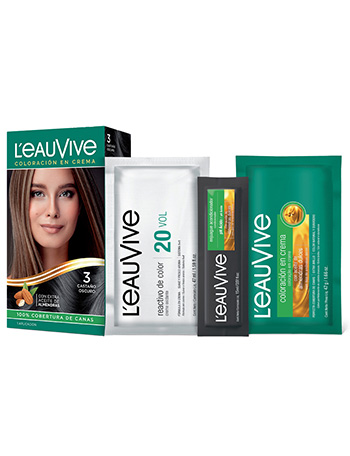 Kit de Coloración L’eau Vive# brinda brillo y color duradero a tu pelo, gracias a su fórmula con aceite de almendras dulces, presente en la coloración y el enjuague acondicionador PH ácido.