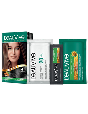Kit de Coloración L’eau Vive# brinda brillo y color duradero a tu pelo, gracias a su fórmula con aceite de almendras dulces, presente en la coloración y el enjuague acondicionador PH ácido.