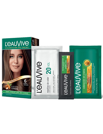 Kit de Coloración L’eau Vive# brinda brillo y color duradero a tu pelo, gracias a su fórmula con aceite de almendras dulces, presente en la coloración y el enjuague acondicionador PH ácido.
