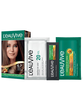 Kit de Coloración L’eau Vive# brinda brillo y color duradero a tu pelo, gracias a su fórmula con aceite de almendras dulces, presente en la coloración y el enjuague acondicionador PH ácido.