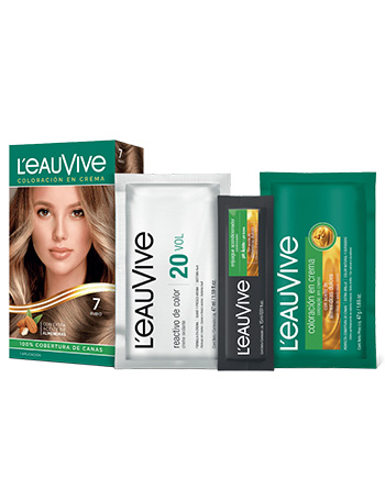 Kit de Coloración L’eau Vive# brinda brillo y color duradero a tu pelo, gracias a su fórmula con aceite de almendras dulces, presente en la coloración y el enjuague acondicionador PH ácido.