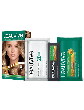 Kit de Coloración L’eau Vive# brinda brillo y color duradero a tu pelo, gracias a su fórmula con aceite de almendras dulces, presente en la coloración y el enjuague acondicionador PH ácido.