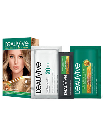 Kit de Coloración L’eau Vive# brinda brillo y color duradero a tu pelo, gracias a su fórmula con aceite de almendras dulces, presente en la coloración y el enjuague acondicionador PH ácido.